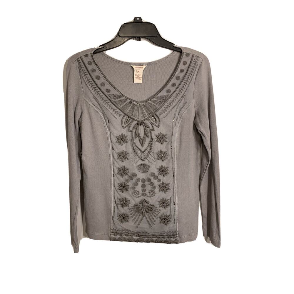 Gray Sweater Sundance Size Medium Embroidery Sequins Boho Whimsy Fairy Core